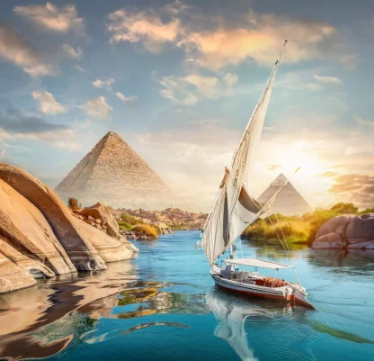 Nile and Aswan and pyramids